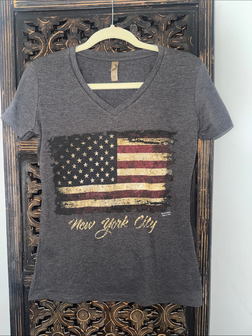 Gray V-Neck Tee with Vintage American Flag - New York City